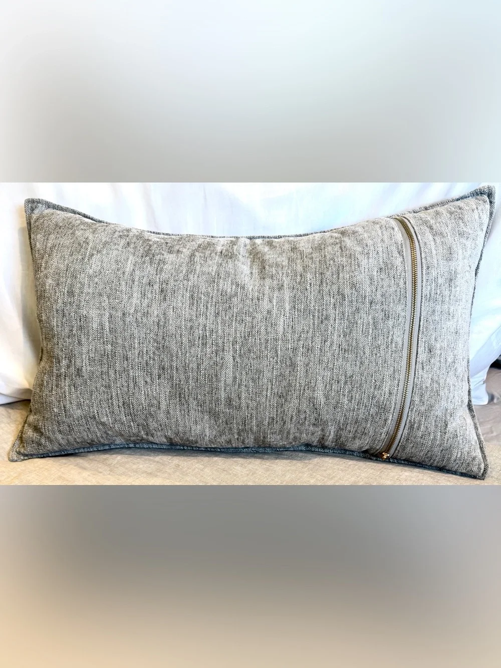 Catherine Malandrino Textured Lumbar Pillow - Gray with Gold-Toned Zipper Decor